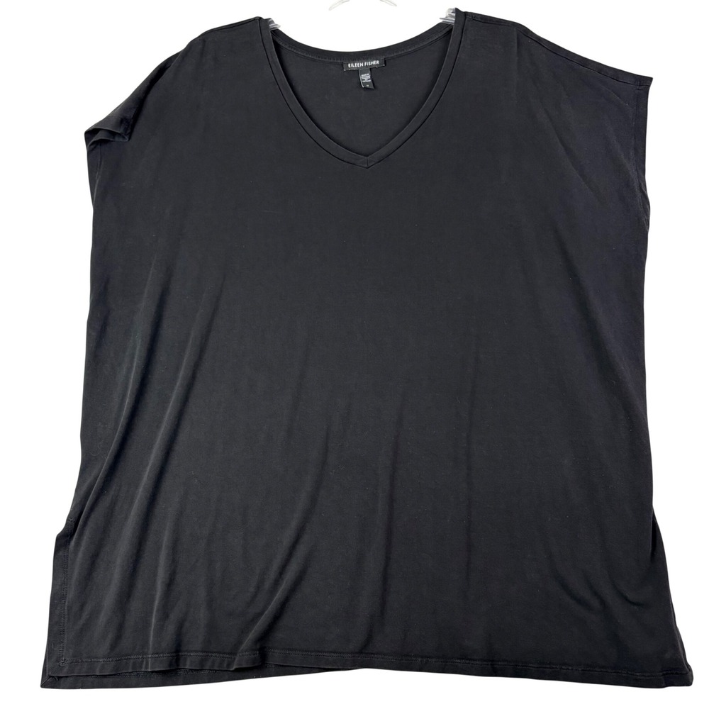 Eileen Fisher 1X Black V-Neck Top Tencel Lyocell Short Sleeve Boxy Minimalist